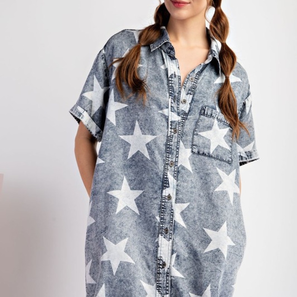 Star Print Denim Shirt Dress - Blue - Picture 11 of 12